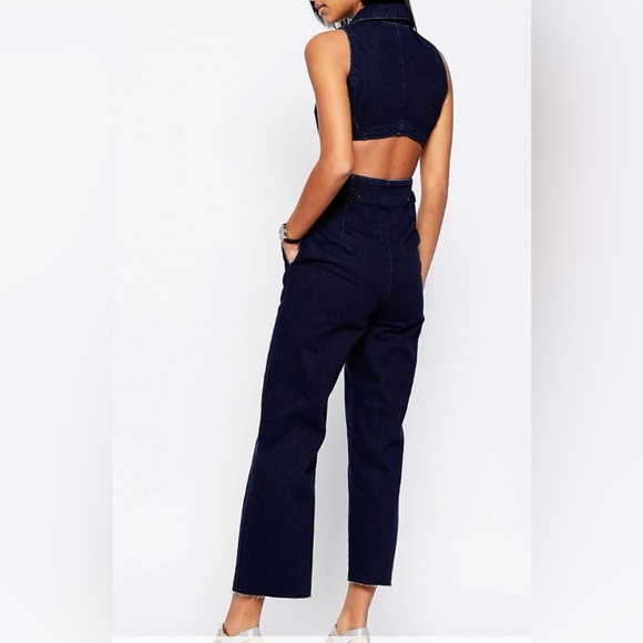 ASOS Back Cutout Dark Wash Blue Denim Jumpsuit Collared Sleeveless size 10 - Picture 2 of 16